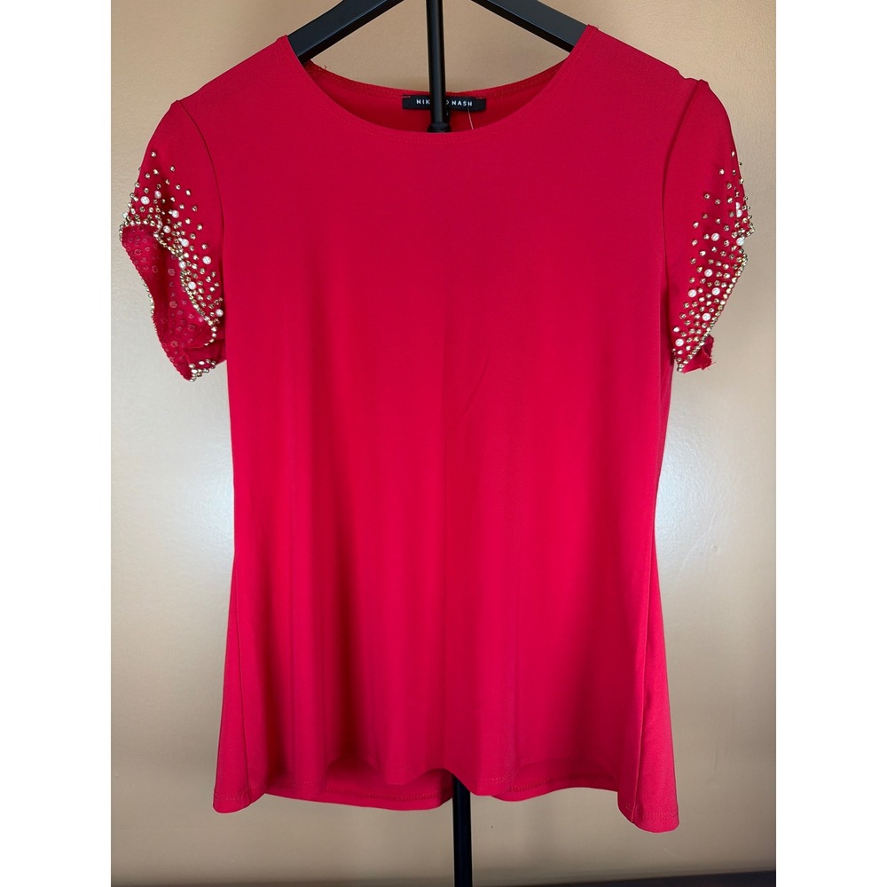 Nik and Nash Red Embellished Short Sleeve Top Pearl Stud Accents Medium USA